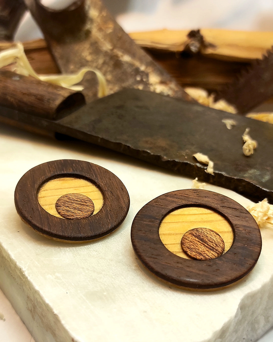 Round stud earrings  "The Pine Eye" from Pine, Iroko and Meranti wood