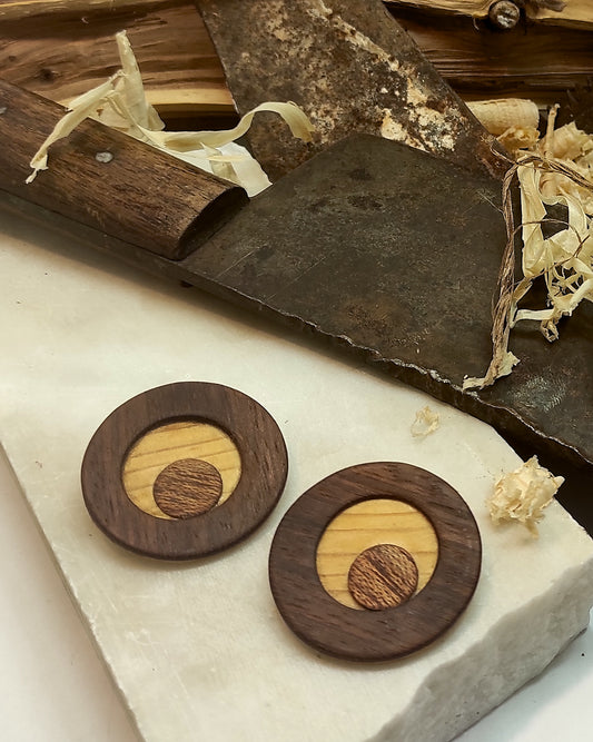 Round stud earrings  "The Pine Eye" from Pine, Iroko and Meranti wood