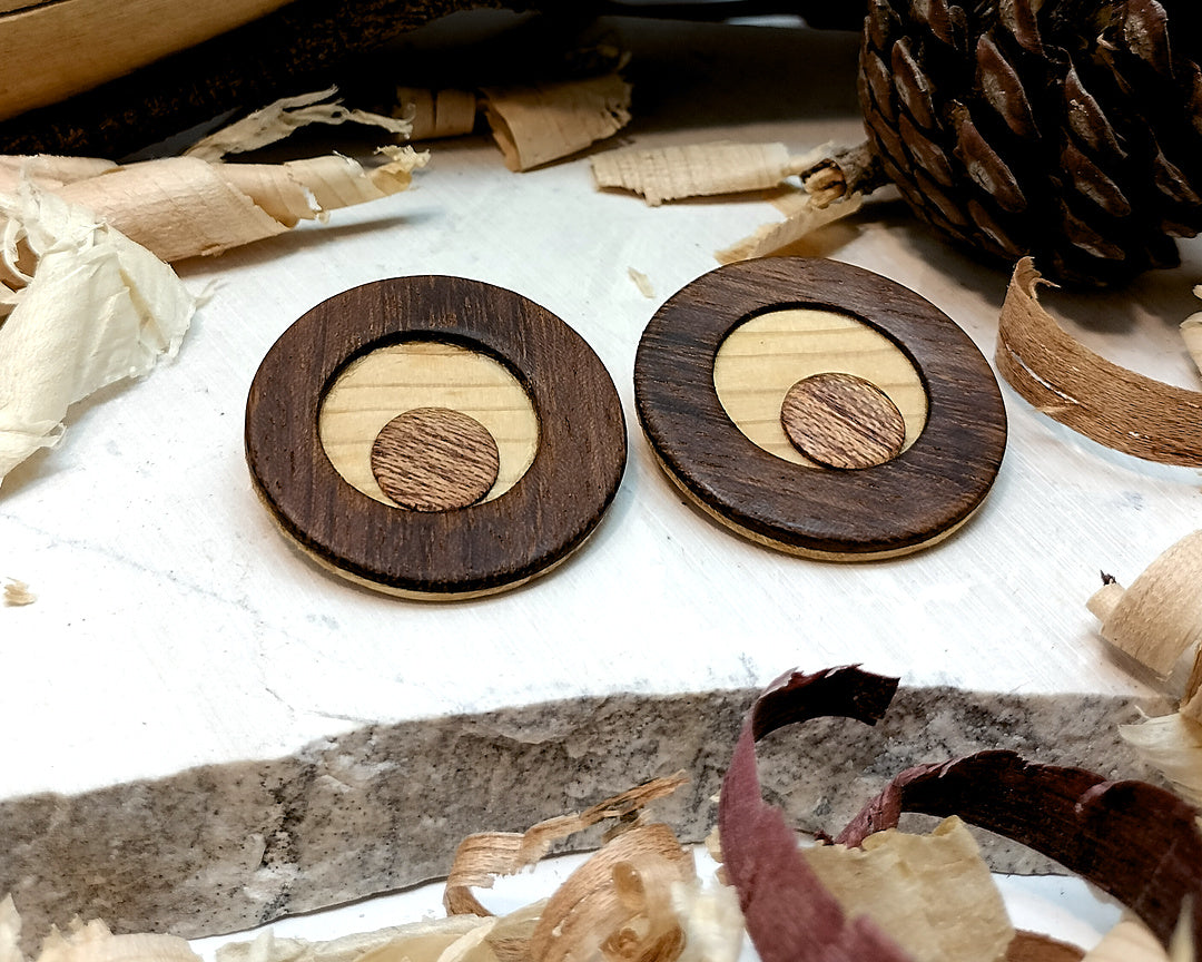 Round stud earrings  "The Pine Eye" from Pine, Iroko and Meranti wood
