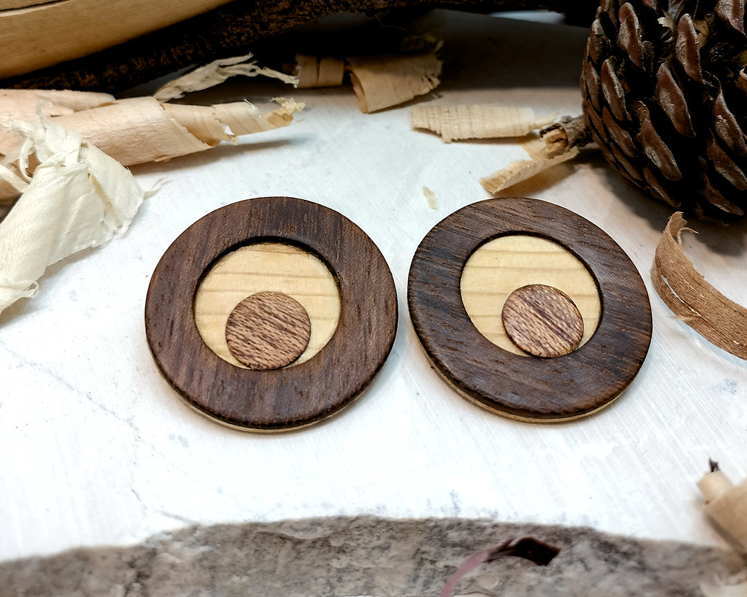 Round stud earrings  "The Pine Eye" from Pine, Iroko and Meranti wood
