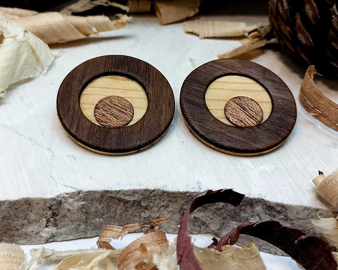 Round stud earrings  "The Pine Eye" from Pine, Iroko and Meranti wood