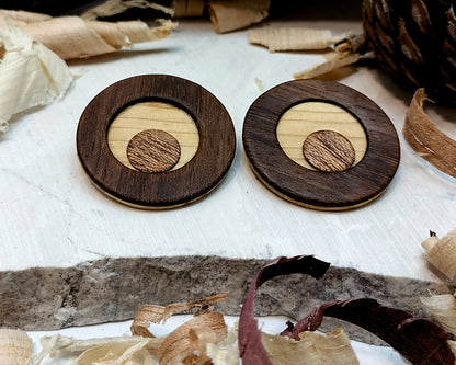 Round stud earrings  "The Pine Eye" from Pine, Iroko and Meranti wood