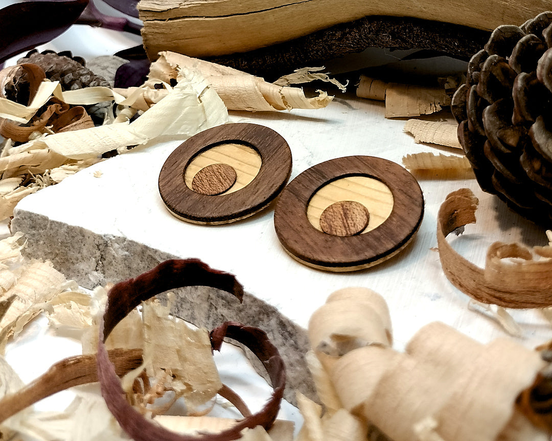 Round stud earrings  "The Pine Eye" from Pine, Iroko and Meranti wood