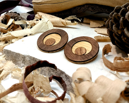 Round stud earrings  "The Pine Eye" from Pine, Iroko and Meranti wood