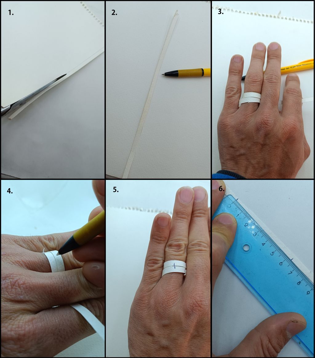 six pictures showing the way to find your ring size using pen paper and a ruler