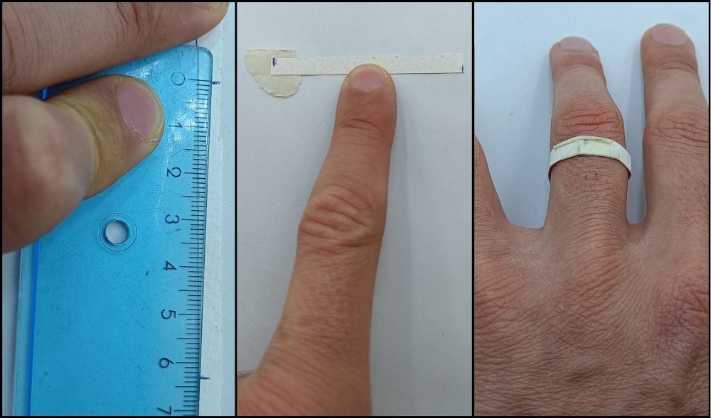 Three images showing a finger measurement process with a ruler, a small strip of paper, and a ring.