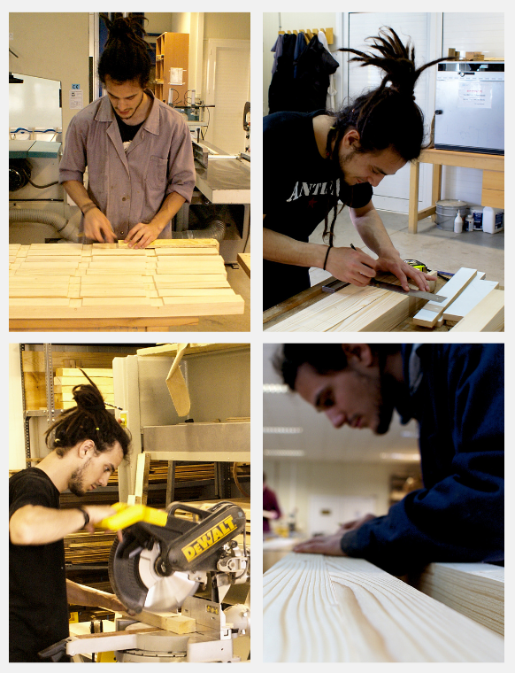 Collage of people working on wooden furniture in a workshop.